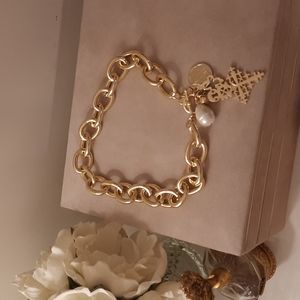 Kenneth Jay Lane Gold Link Necklace with Baroque Pearl, Cross, & Charms